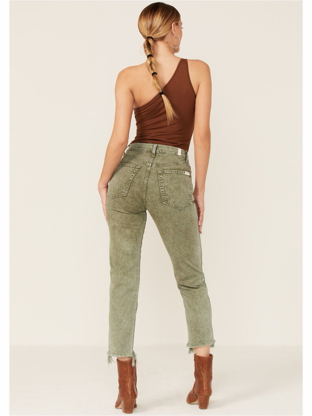 7 For All Mankind High Waist Cropped Straight Jeans Green Frayed Hem Size 28 - Picture 3 of 13